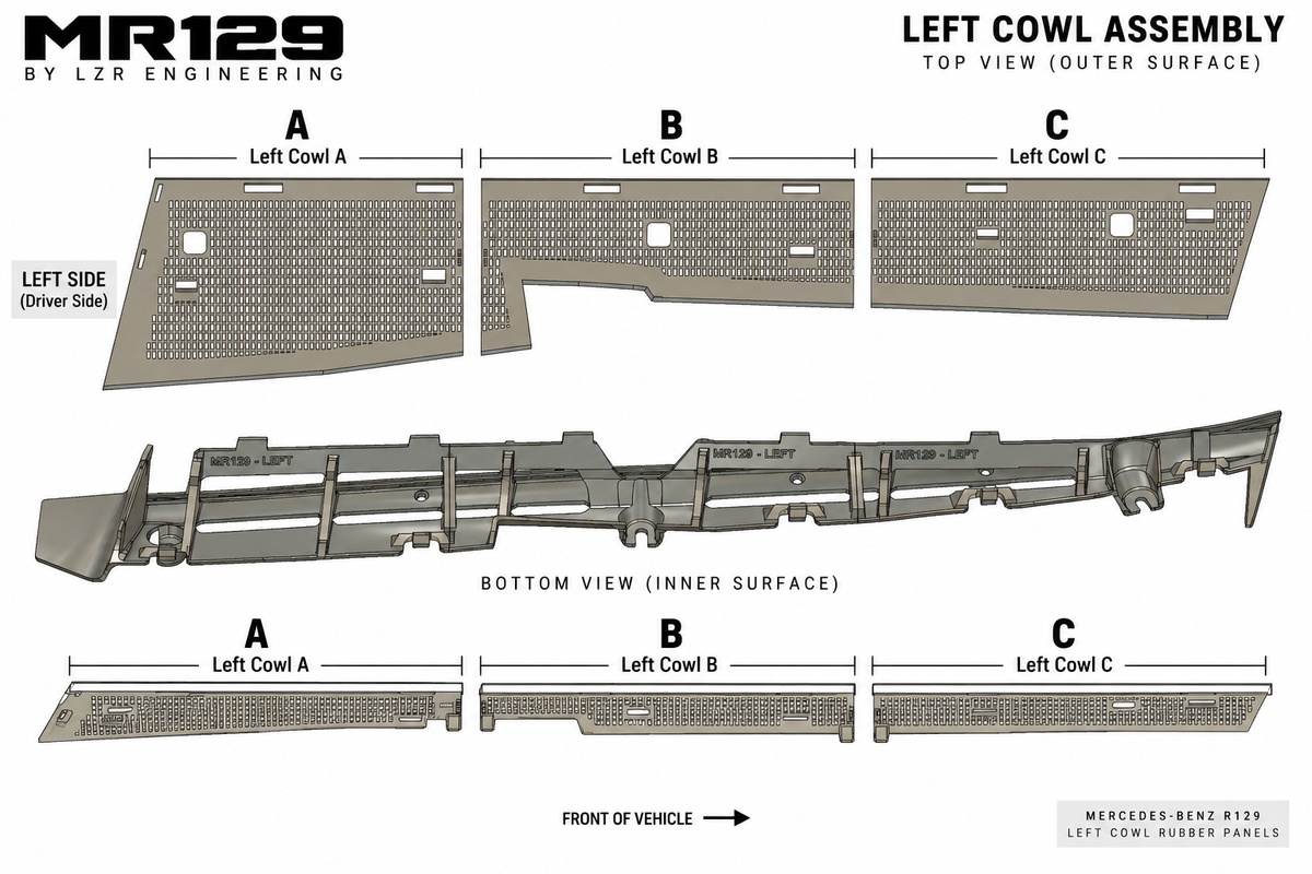 MR129 OEM Restoration – Windshield Cowl Rain Guard | Mercedes-Benz R129 All Models (1989–2002) — Digital STL File