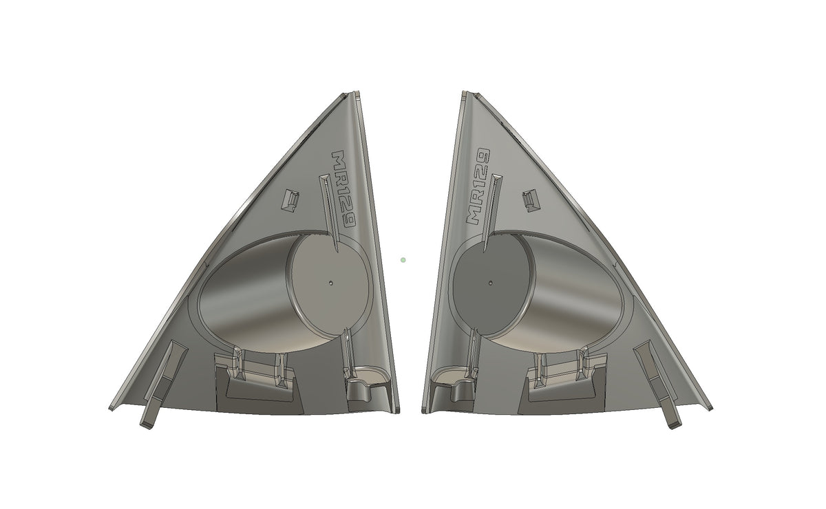 MR129 Mirror Triangle Tweeter Mount for Mercedes R129 - back view showing pilot hole and factory mounting clips
